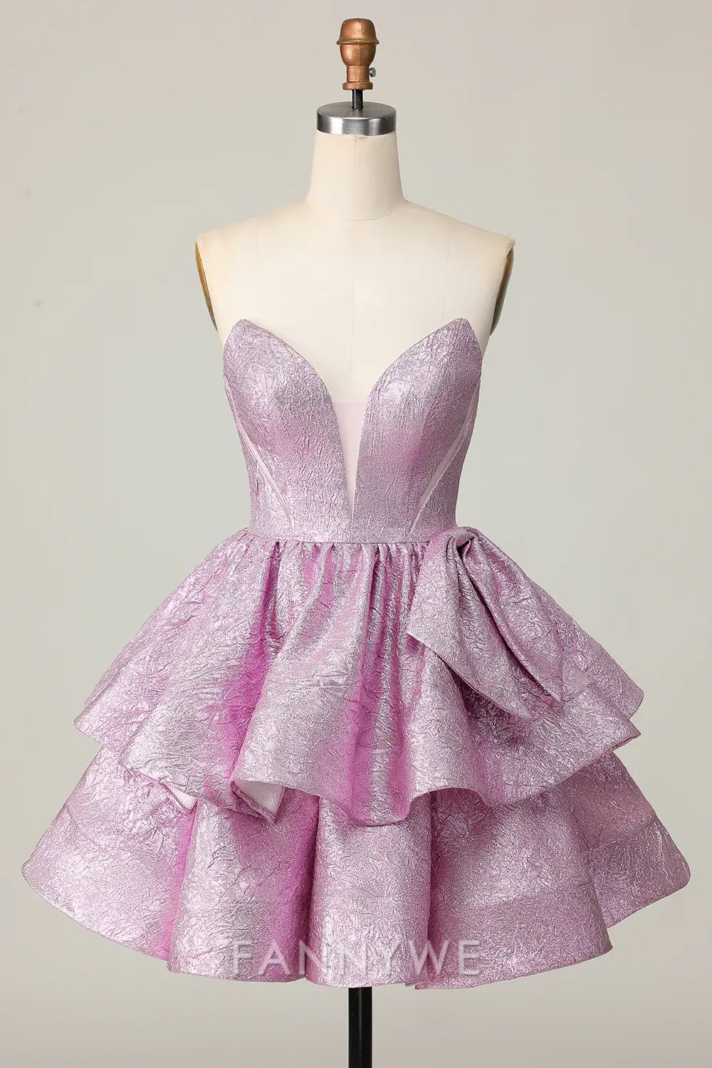 FannyWe Elegant Light Purple A Line Strapless Short Metallic Homecoming Dress with Ruffles - TREBLEV