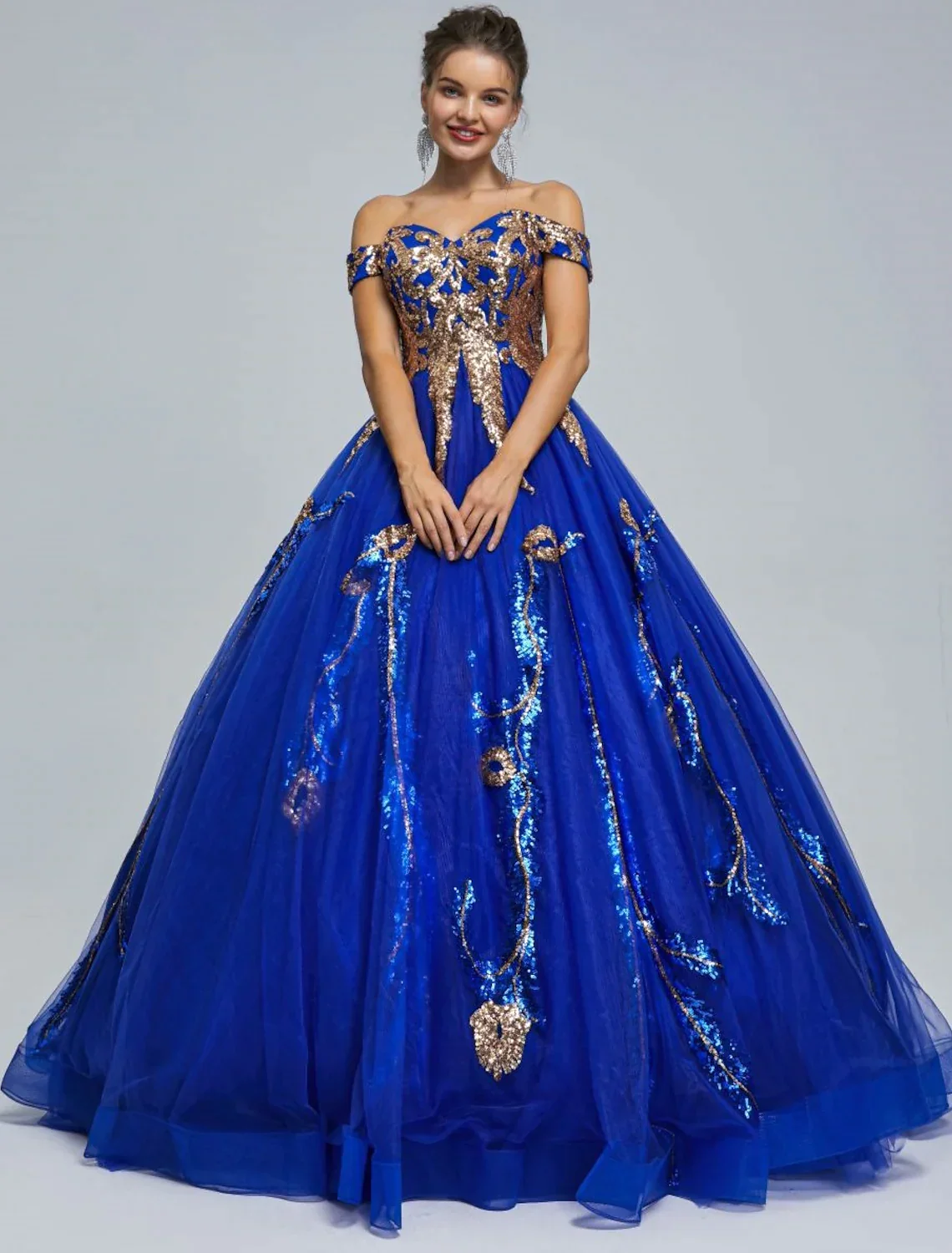 Sparkle Shine Dress Quinceanera Floor Length Sleeveless Off Shoulder Tulle with Sequin - TREBLEV