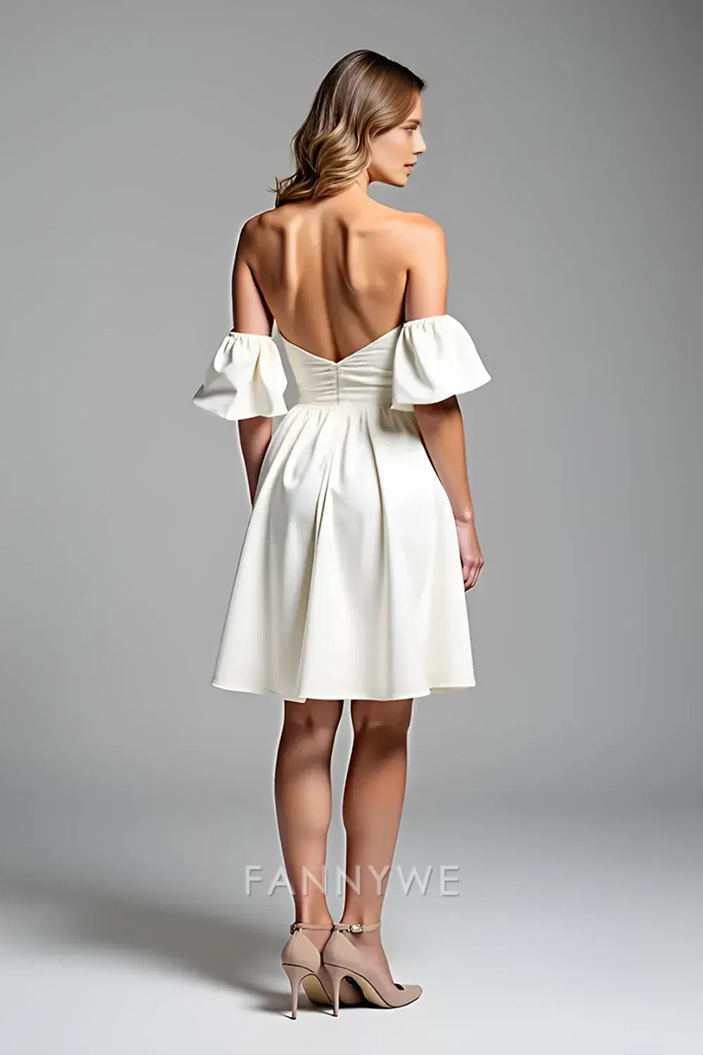 FannyWe Elegant A Line Off the Shoulder White Satin Short Graduation Dress - TREBLEV