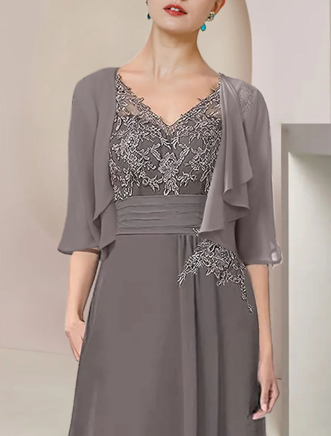 Two Piece A-Line Mother of the Bride Dress Formal Wedding Guest Elegant High Low V Neck Asymmetrical Tea Length Chiffon Lace 3/4 Length Sleeve Wrap Included with Ruched Appliques - TREBLEV