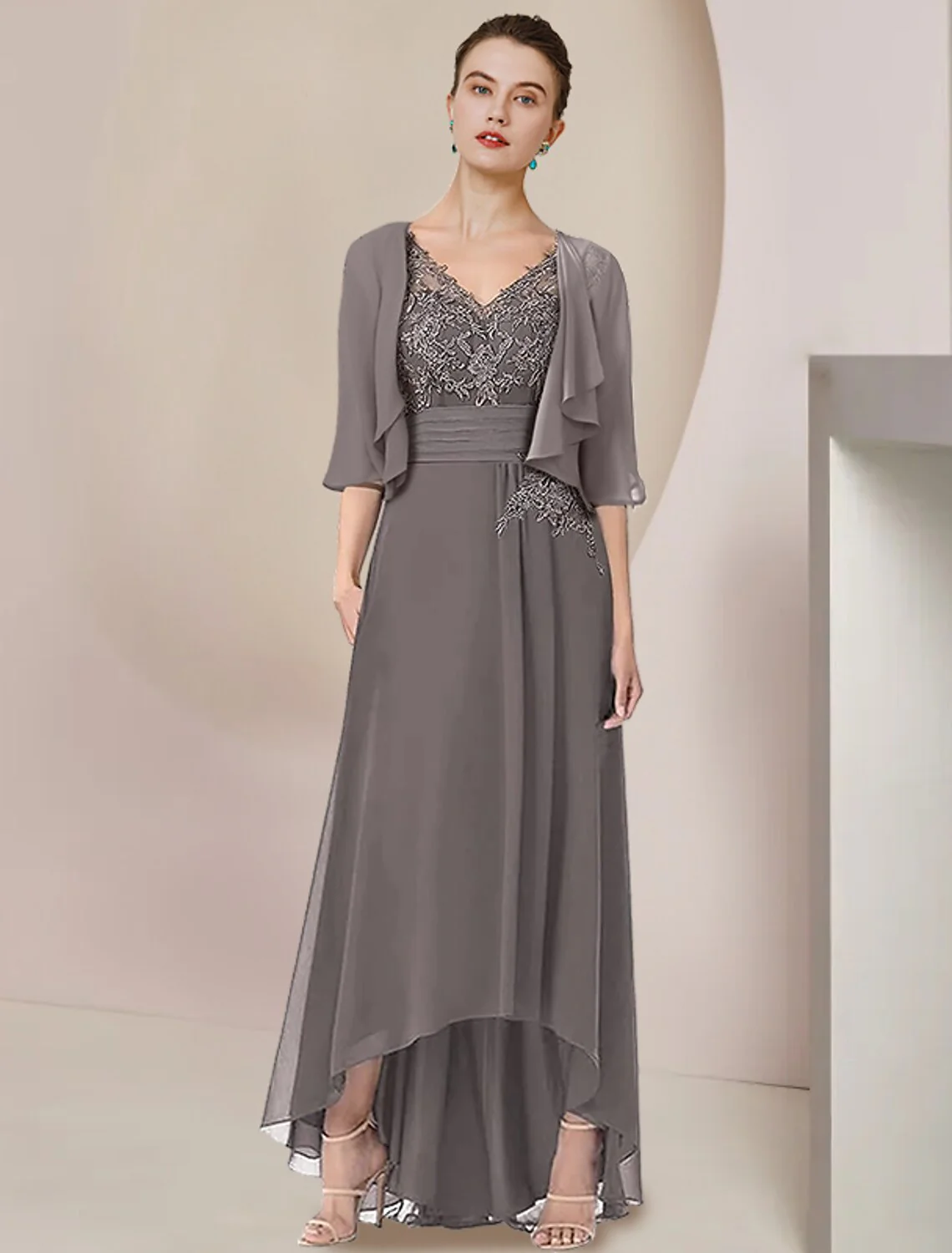 Two Piece A-Line Mother of the Bride Dress Formal Wedding Guest Elegant High Low V Neck Asymmetrical Tea Length Chiffon Lace 3/4 Length Sleeve Wrap Included with Ruched Appliques - TREBLEV