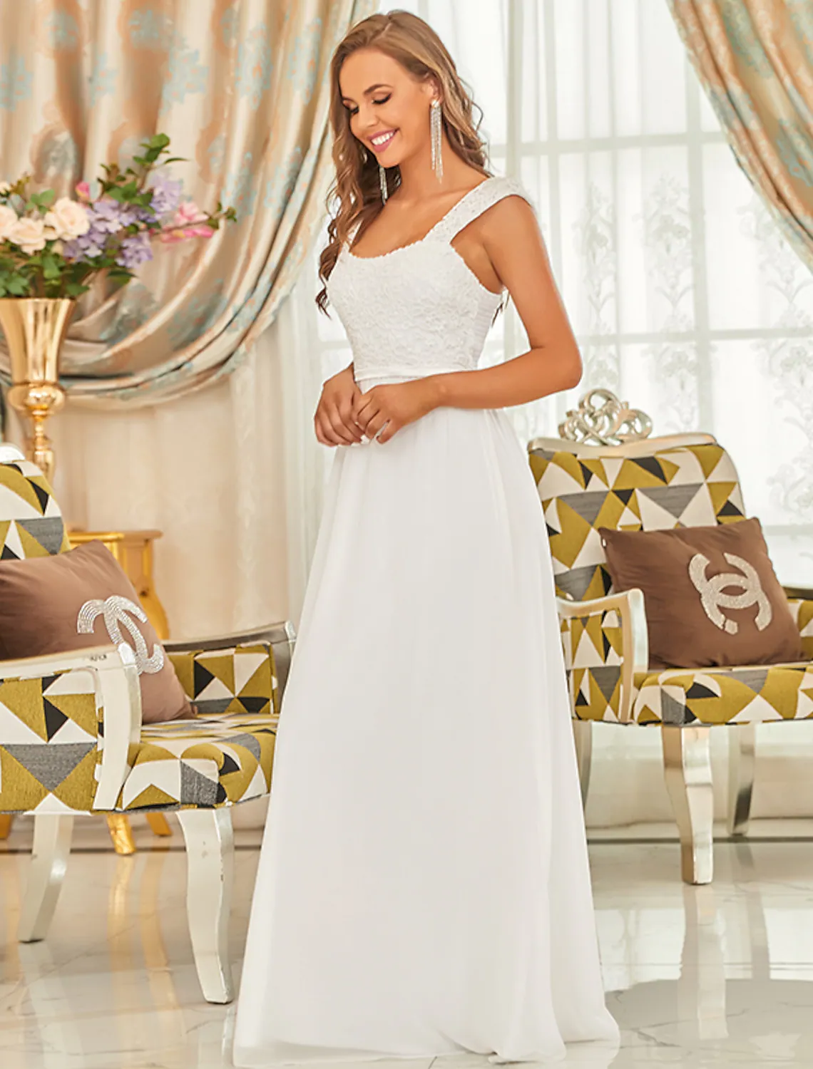 A-Line Elegant Formal Evening Dress Backless Sleeveless Floor Length Chiffon with Pleats - TREBLEV