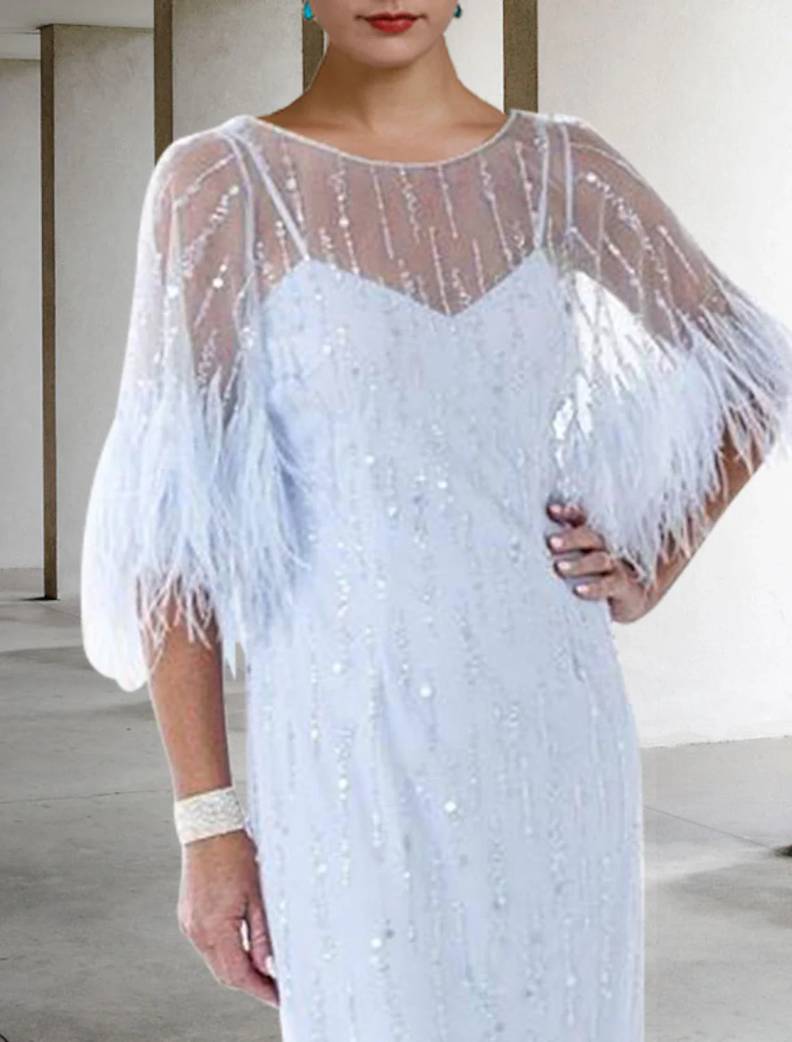 Sheath / Column Mother of the Bride Dress Elegant Sparkle & Shine Jewel Neck Knee Length Stretch Chiffon Half Sleeve with Feather Beading Sequin - TREBLEV