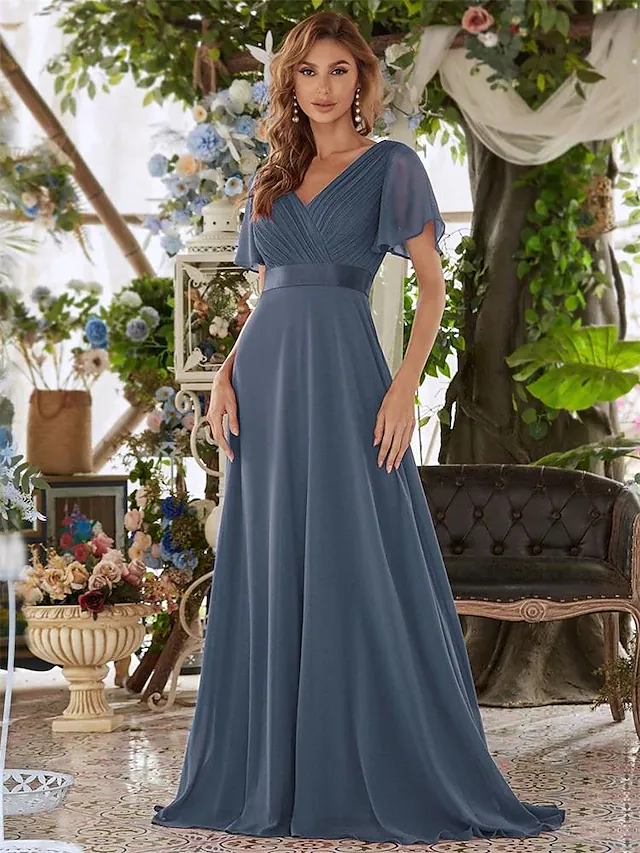 A-Line Evening Gown Dress Wedding Guest Floor Length Short Sleeve V Neck Chiffon V Back with Ruffles - TREBLEV