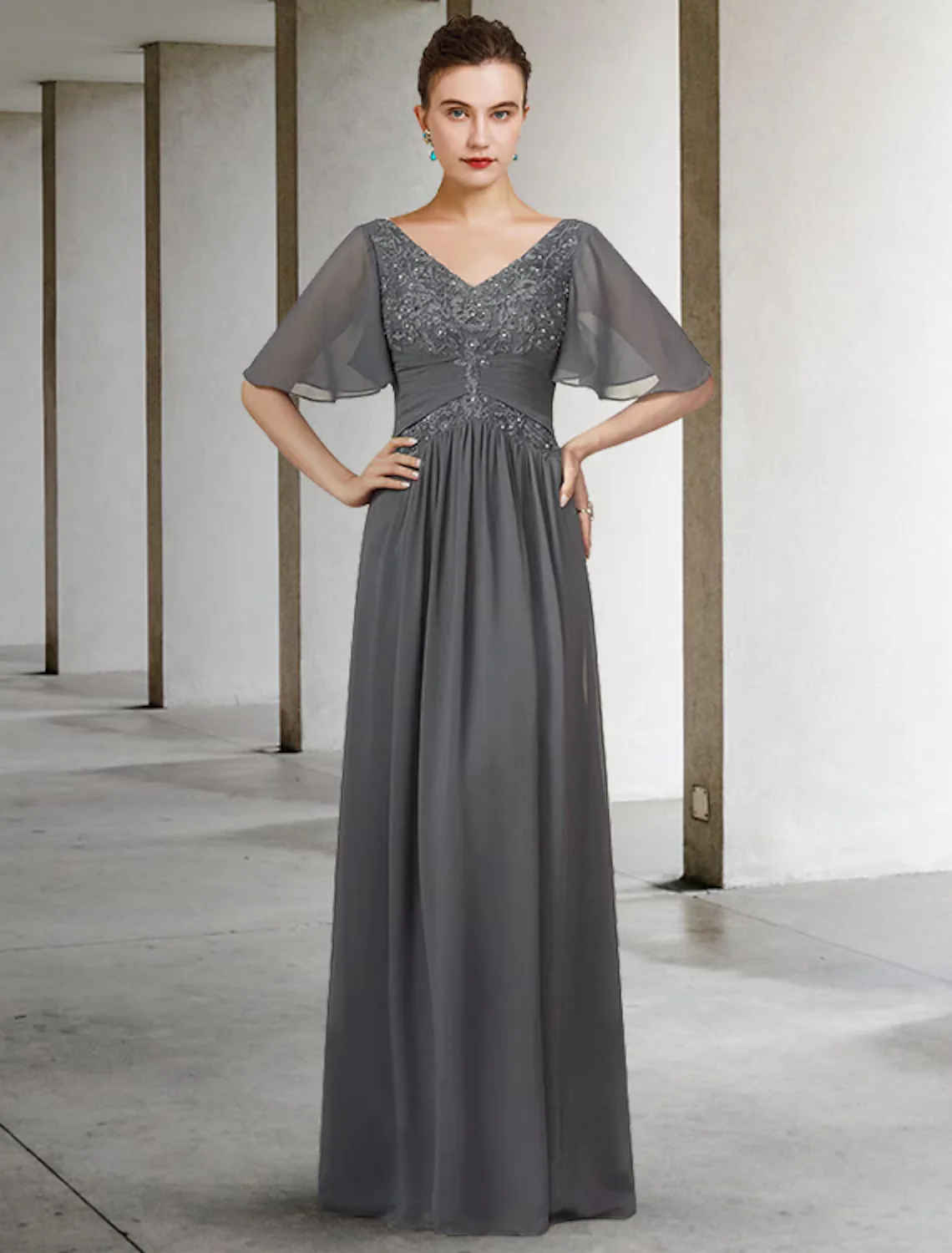 A-Line Mother of the Bride Dress Elegant V Neck Floor Length Chiffon Lace Half Sleeve with Pleats Appliques - TREBLEV