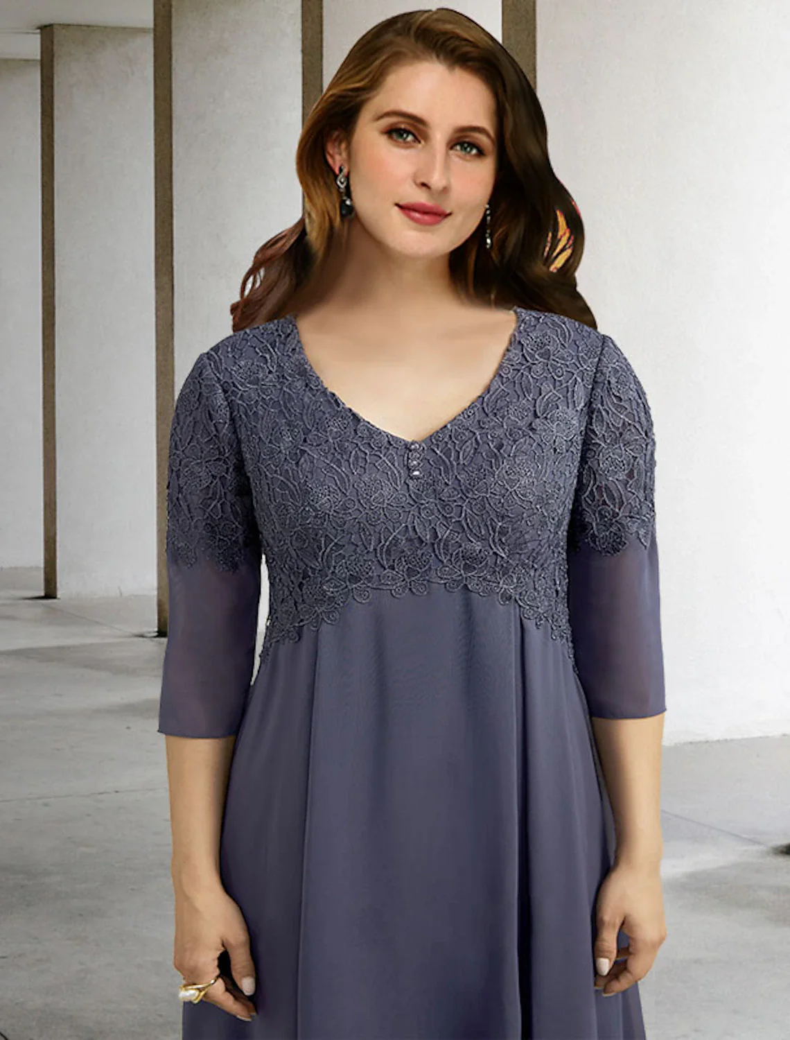 A-Line Plus Size Curve Mother of the Bride Dresses Elegant Dress Formal Tea Length Half Sleeve V Neck Chiffon with Buttons Appliques - TREBLEV