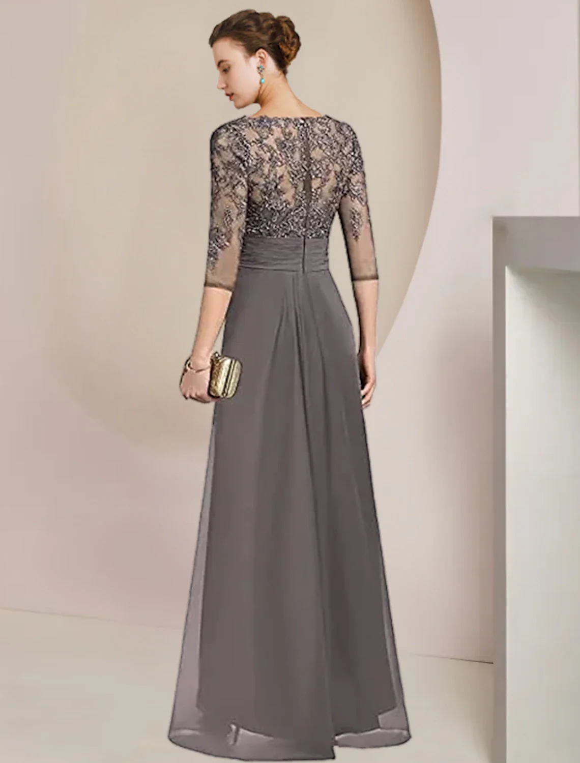 Two Piece A-Line Mother of the Bride Dress Formal Wedding Guest Elegant High Low V Neck Asymmetrical Tea Length Chiffon Lace 3/4 Length Sleeve Wrap Included with Ruched Appliques - TREBLEV