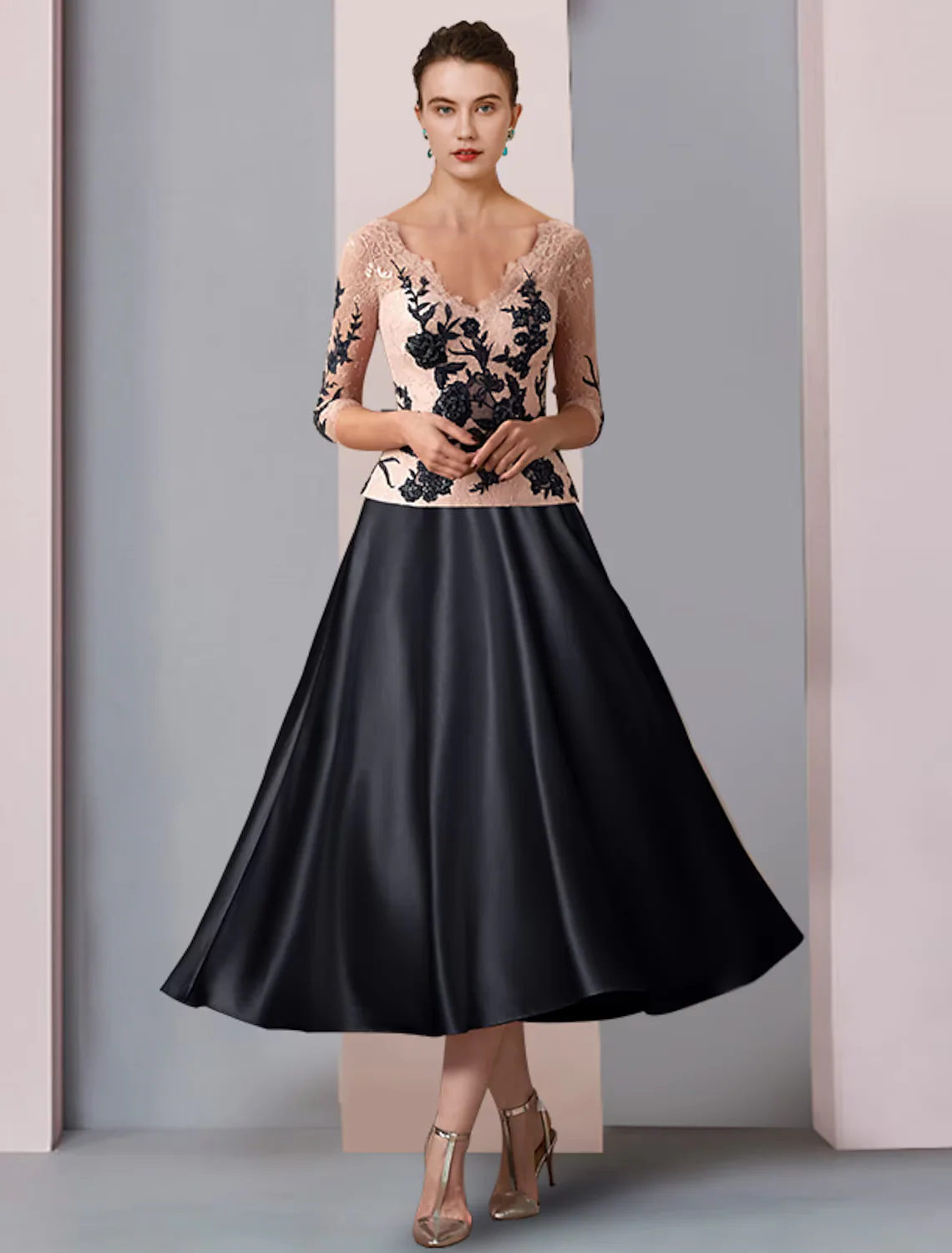 A-Line Mother of the Bride Dress Formal Wedding Guest Party Elegant V Neck Satin Lace Length Sleeve with Pleats - TREBLEV