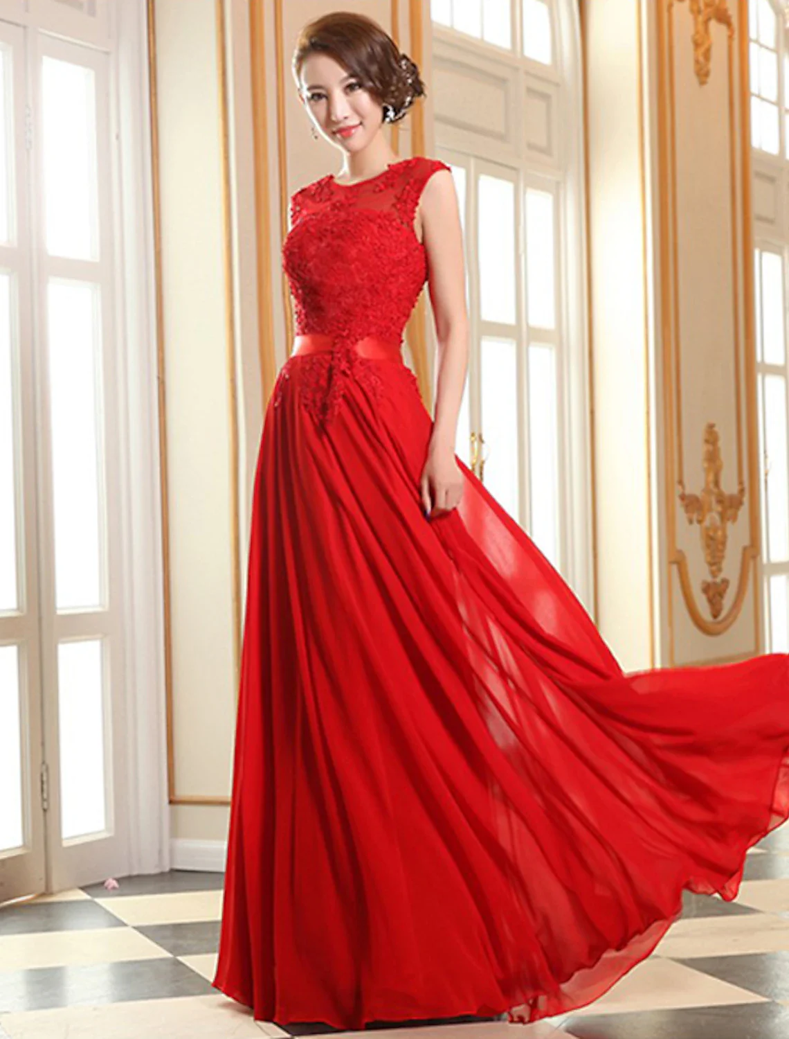 A-Line Evening Gown High Waisted Prom Dress Bridesmaid Wedding Guest Chiffon Floor Length Sleeveless Illusion Neck Georgette with Appliques - TREBLEV