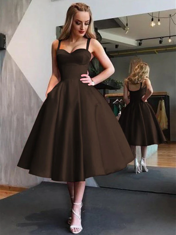 A-Line Straps Satin Sleeveless With Ruffles Tea-Length Dresses - TREBLEV