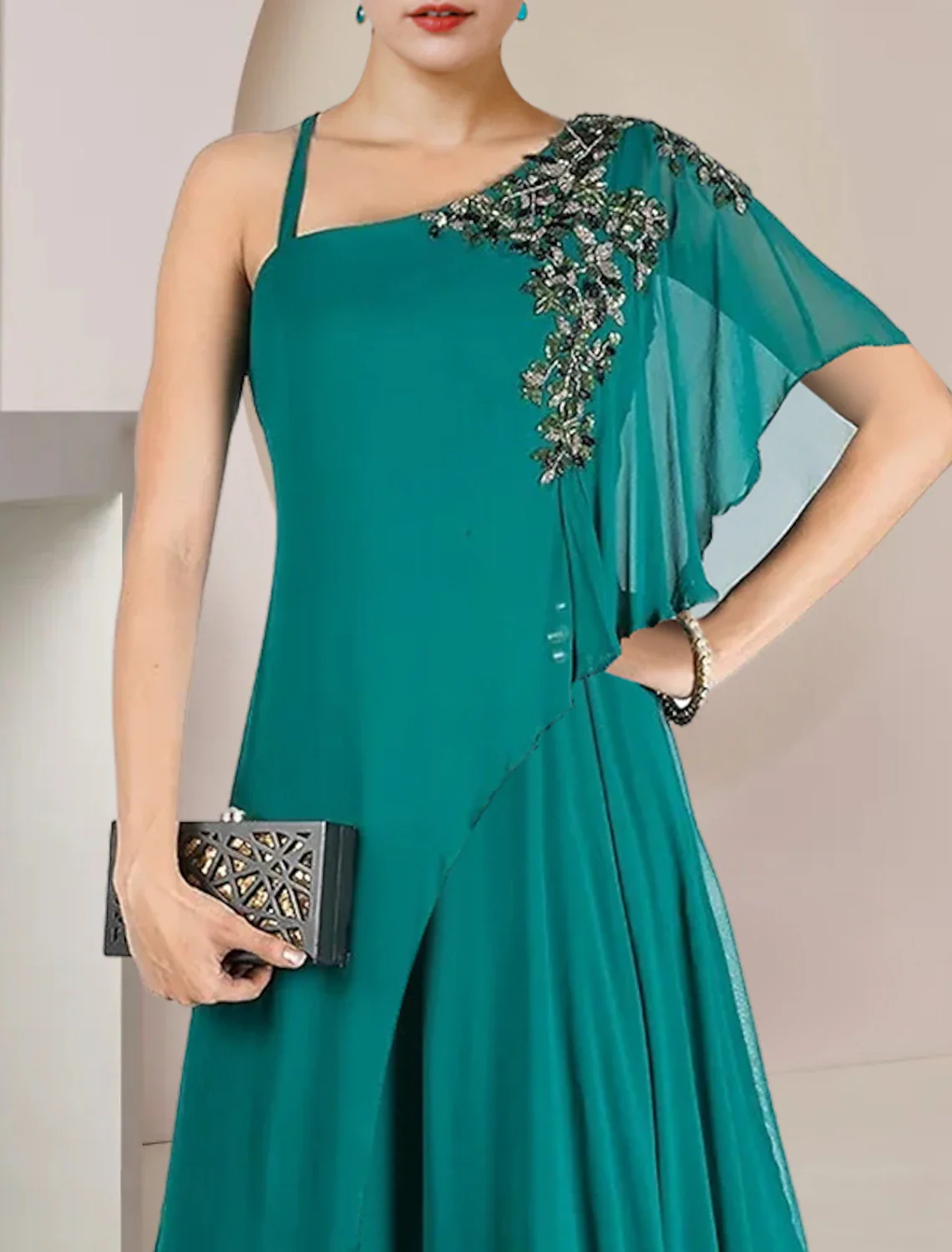 A-Line Mother of the Bride Dress Formal Wedding Guest Elegant One Shoulder Floor Length Chiffon Sleeveless with Pleats Appliques - TREBLEV