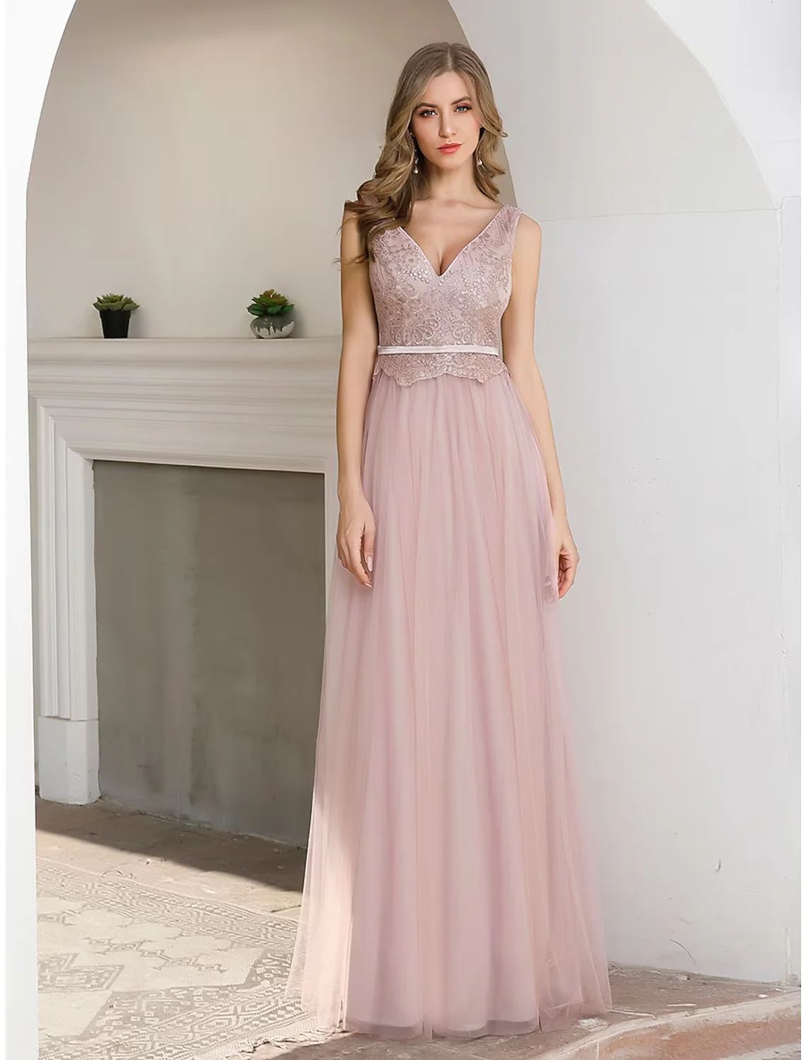 A-Line Evening Gown Elegant Dress Wedding Guest Floor Length Sleeveless V Neck Satin V Back with Sash Ribbon Sequin - TREBLEV