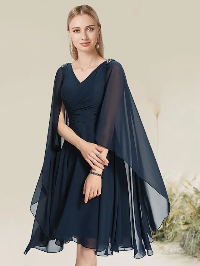 A-Line Cocktail Dresses Party Dress Wedding Knee Length Short Sleeve V Neck Chiffon with - TREBLEV