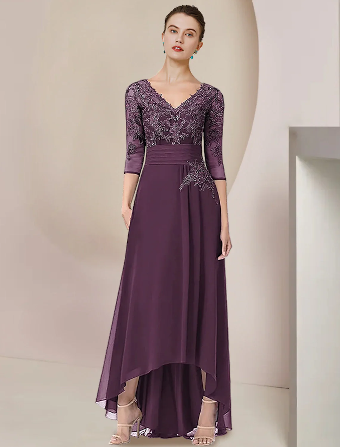 Two Piece A-Line Mother of the Bride Dress Formal Wedding Guest Elegant High Low V Neck Asymmetrical Tea Length Chiffon Lace 3/4 Length Sleeve Wrap Included with Ruched Appliques - TREBLEV