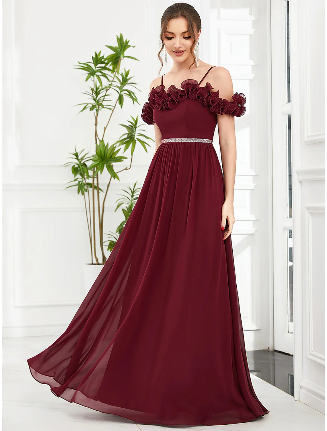 A-Line Prom Dresses Vintage Dress Wedding Guest Floor Length Sleeveless Off Shoulder Chiffon with Appliques Shouder Flower - TREBLEV