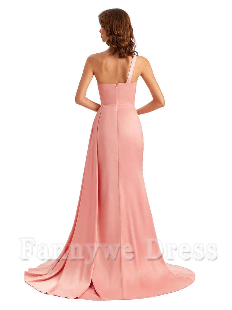 Mermaid One Shoulder Satin formal dresses evening gown Bridesmaid Dresses With Side Slit - TREBLEV