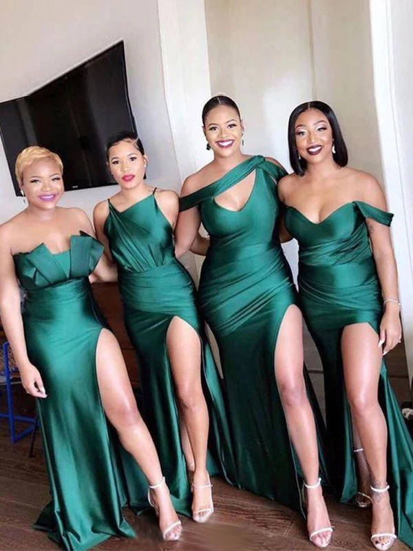 Sheath/Column Off-the-Shoulder Ruched Sleeveless Sweep/Brush Train Bridesmaid Dresses - TREBLEV