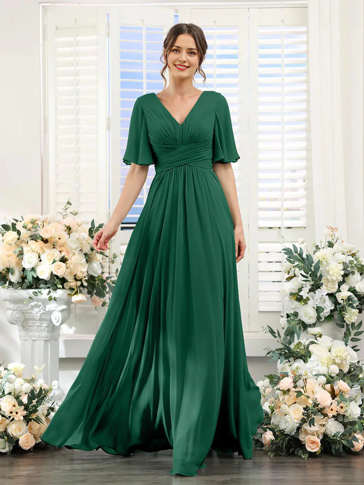 A-Line V Neck Sleeve Long Chiffon Formal Party Dresses for Wedding Guest Bridesmaid Dress - TREBLEV