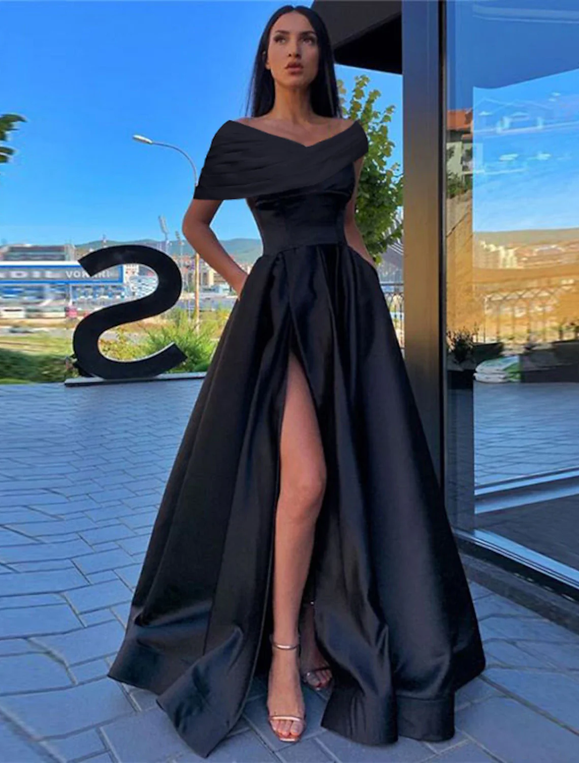 A-Line Prom Dresses Little Black Dress Dress Formal Floor Length Short Sleeve Off Shoulder Satin with Ruched Slit - TREBLEV
