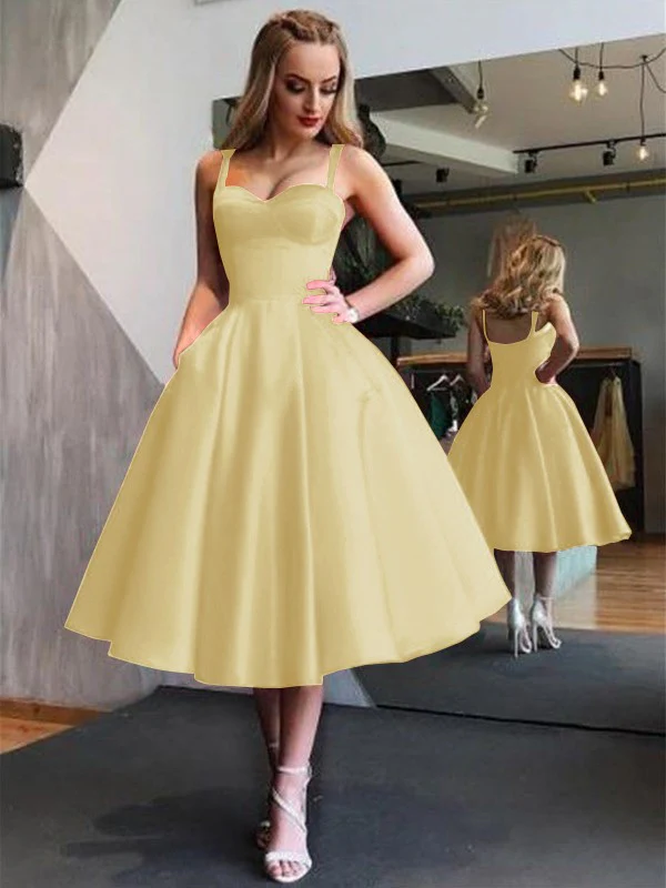 A-Line Straps Satin Sleeveless With Ruffles Tea-Length Dresses - TREBLEV