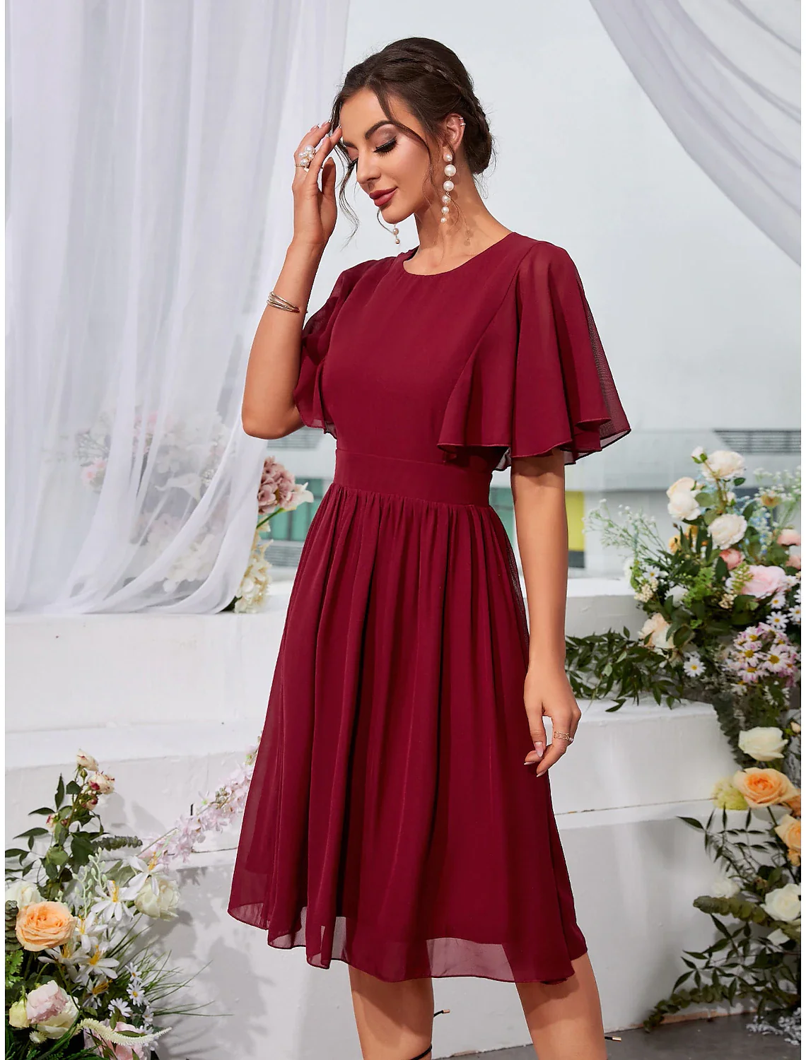 A-Line Wedding Guest Dresses Elegant Dress Holiday Knee Length Short Sleeve Jewel Neck Chiffon with Pleats Ruffles - TREBLEV