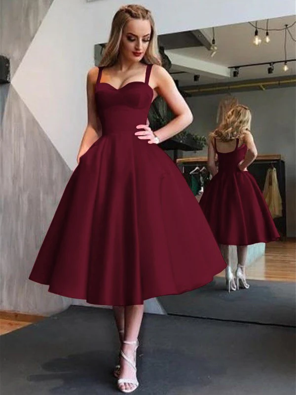 A-Line Straps Satin Sleeveless With Ruffles Tea-Length Dresses - TREBLEV