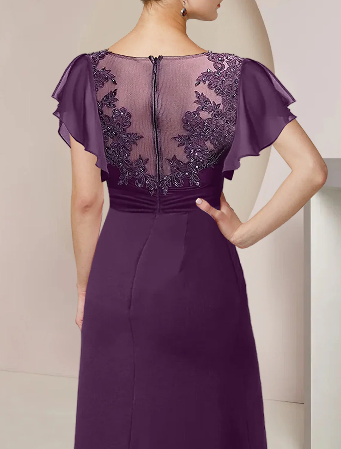 A-Line Mother of the Bride Dress Formal Wedding Guest Elegant Scoop Neck Tea Length Chiffon Lace 3/4 Length Sleeve with Beading Sequin Appliques - TREBLEV