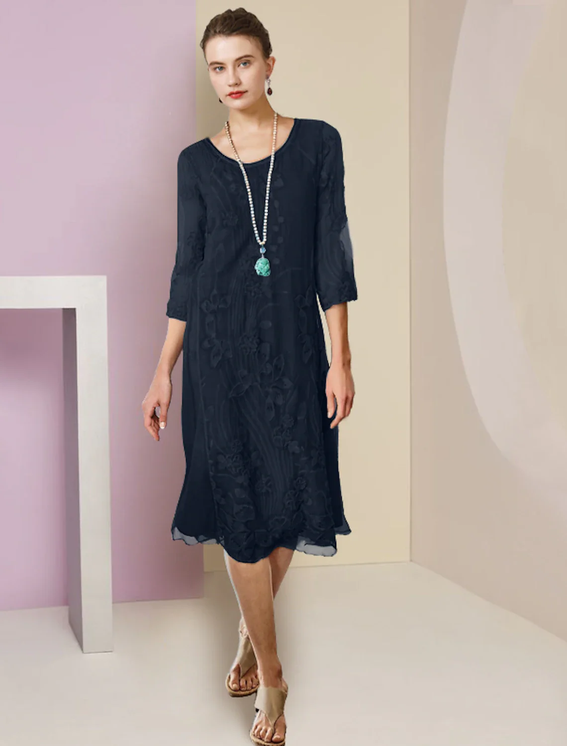 Two Piece Sheath / Column Mother of the Bride Dress Formal Wedding Guest Elegant Scoop Neck Knee Length Chiffon Lace Half Sleeve Jacket Dresses with Appliques - TREBLEV