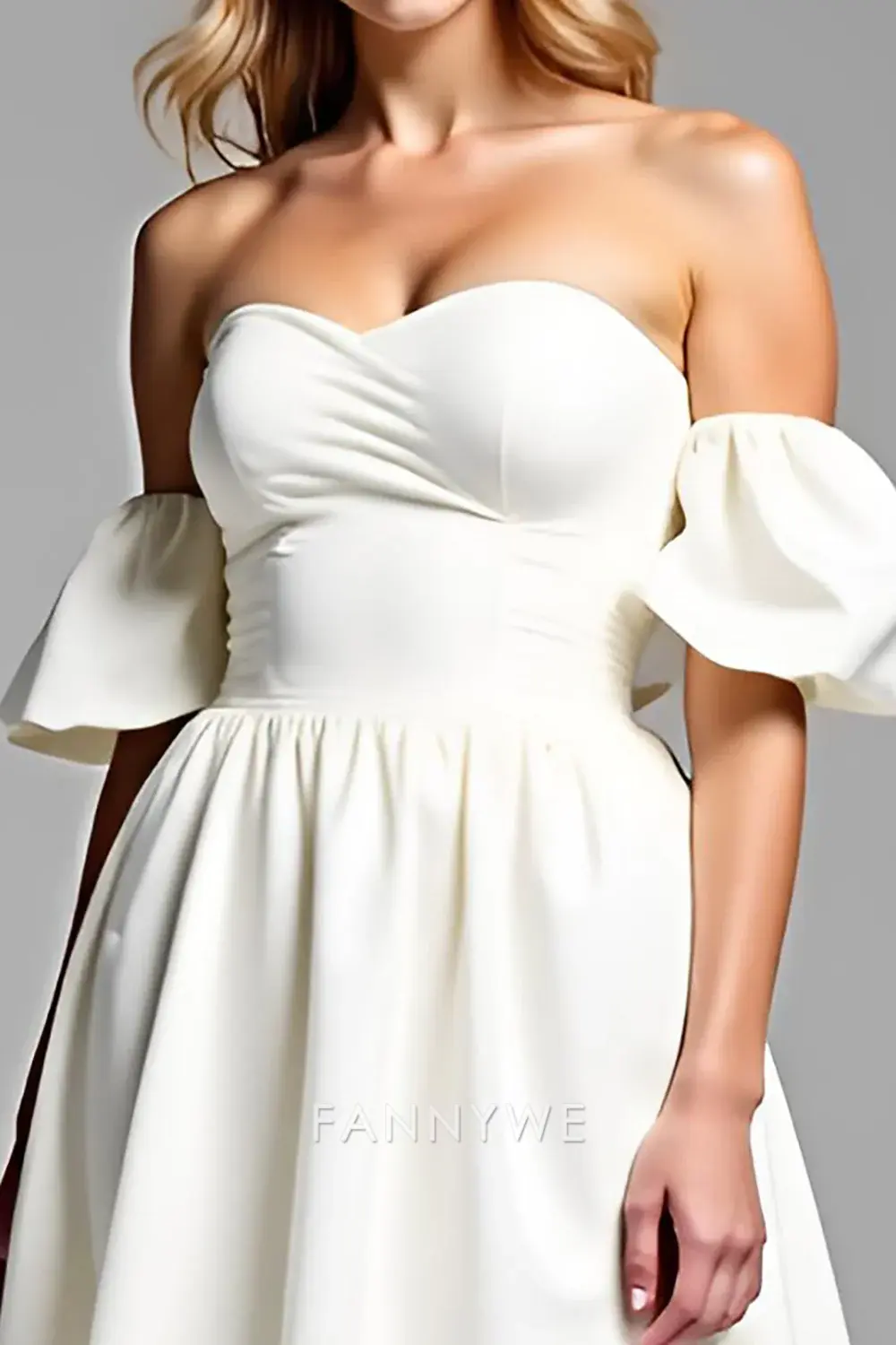 FannyWe Elegant A Line Off the Shoulder White Satin Short Graduation Dress - TREBLEV