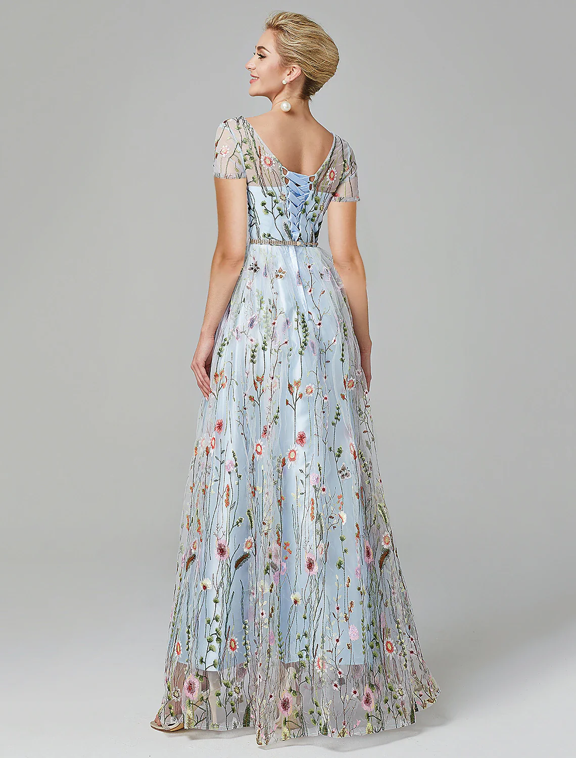 A-Line Prom Dresses Elegant Dress Wedding Guest Floor Length Short Sleeve Illusion Neck Lace with Slit Appliques - TREBLEV