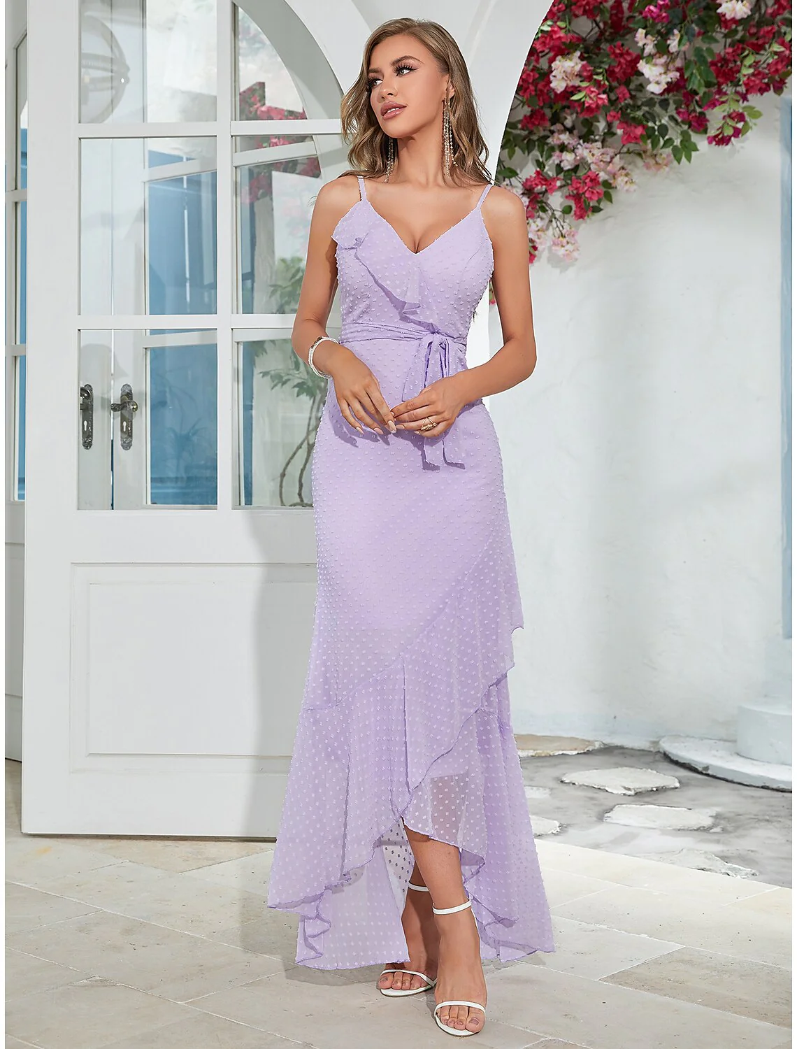 Sheath / Column Wedding Guest Dresses Elegant Dress Party Wear Asymmetrical Sleeveless Spaghetti Strap Chiffon with Ruffles Strappy - TREBLEV
