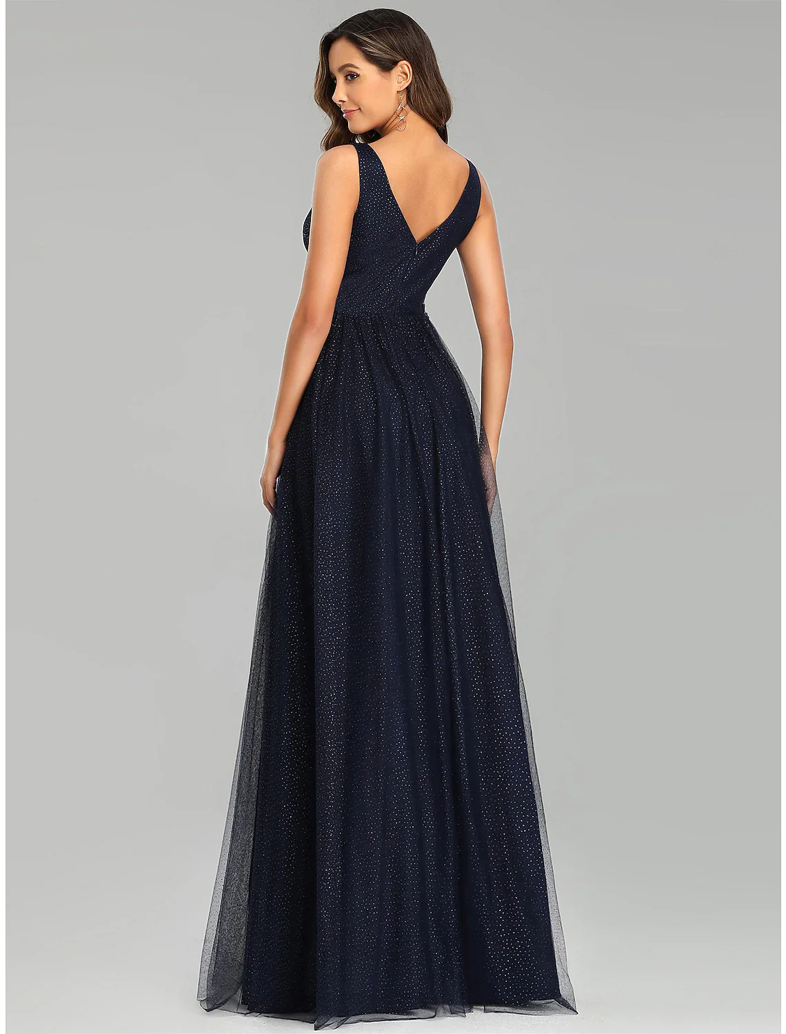 A-Line Prom Dresses Empire Dress Wedding Guest Floor Length Sleeveless V Neck Tulle with Sequin Appliques - TREBLEV