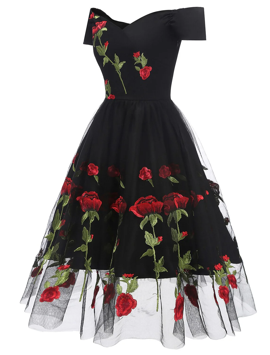 A-Line Cocktail Dresses Party Dress Holiday Knee Length Short Sleeve Off Shoulder Organza with Embroidery Appliques - TREBLEV