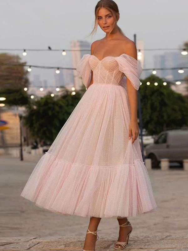 A-Line/Princess Tulle Ruffles Off-the-Shoulder Sleeveless Tea-Length Homecoming Dresses - TREBLEV