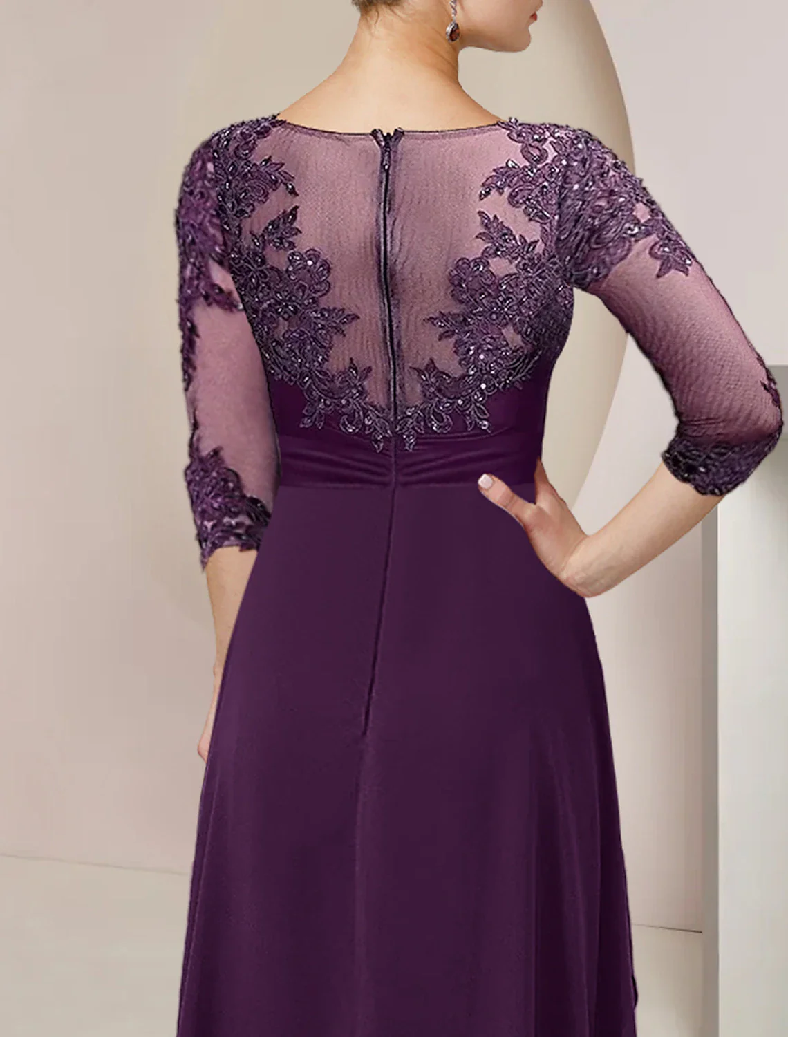 A-Line Mother of the Bride Dress Formal Wedding Guest Elegant High Low Scoop Neck Asymmetrical Floor Length Chiffon Lace 3/4 Length Sleeve with Beading Sequin Appliques - TREBLEV