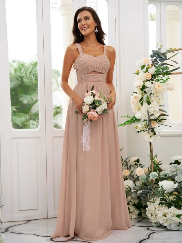 A-Line/Princess Chiffon Ruched Straps Sleeveless Floor-Length Bridesmaid Dresses - TREBLEV