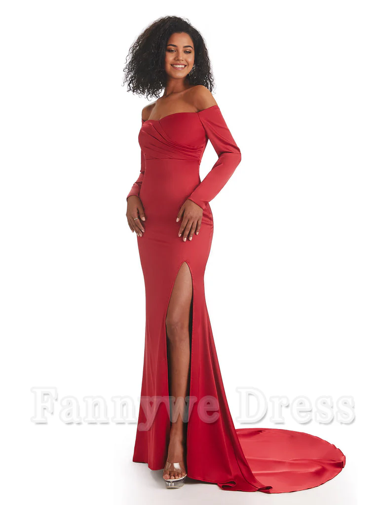 Mermaid Long Sleeve Satin formal dresses evening gown Bridesmaid Dresses With Side Slit - TREBLEV