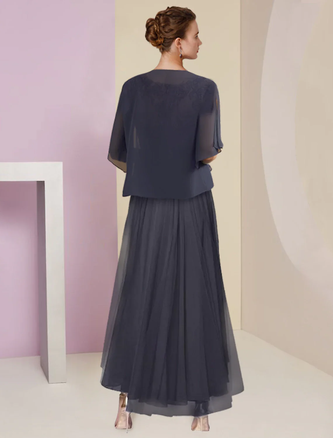 Two Piece A-Line Mother of the Bride Dress Formal Wedding Guest Elegant High Low V Neck Asymmetrical Tea Length Chiffon Lace Short Sleeve Wrap Included with Appliques - TREBLEV