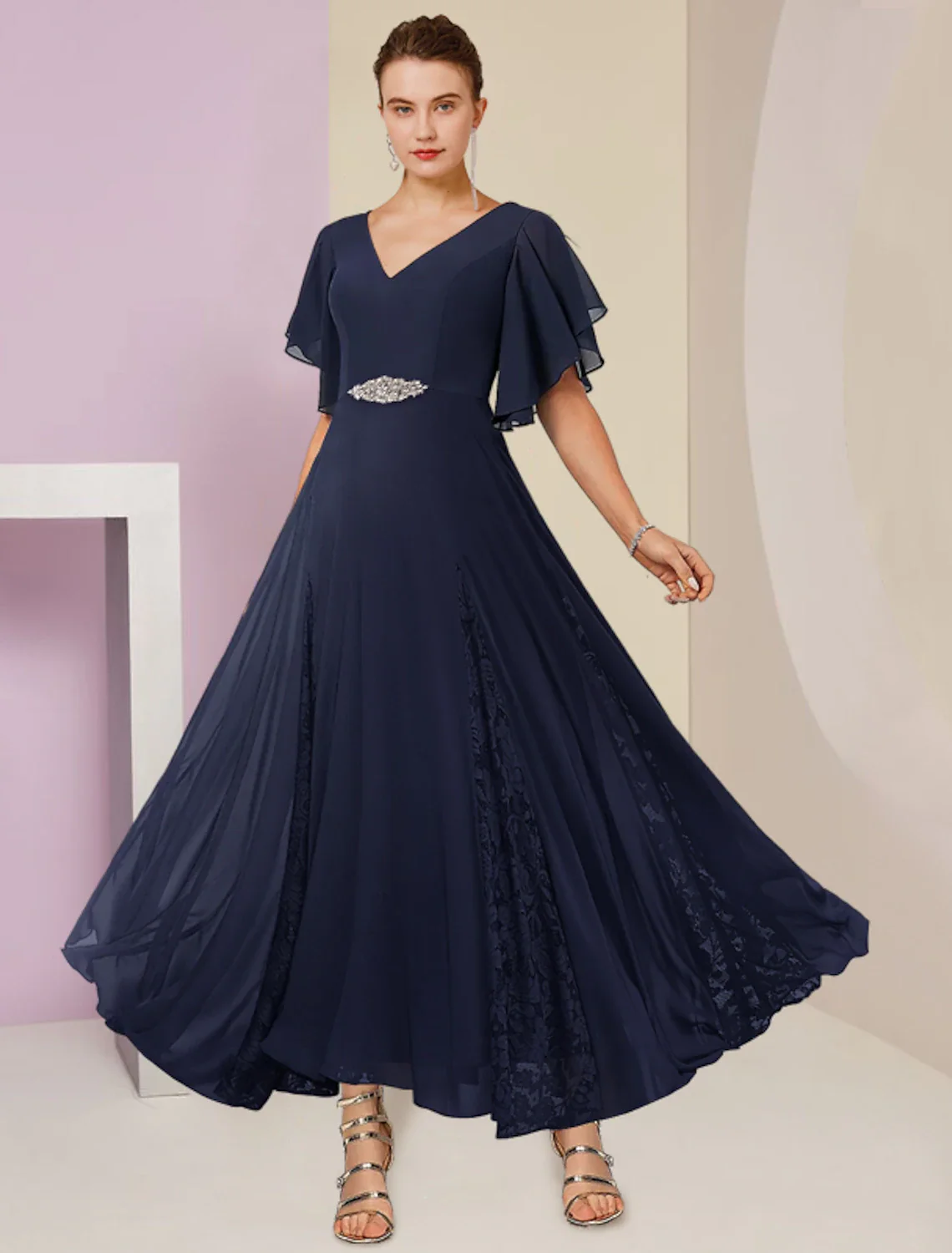 A-Line Mother of the Bride Dress Formal Wedding Guest Elegant V Neck Ankle Length Chiffon Lace Short Sleeve with Pleats Crystal Brooch - TREBLEV