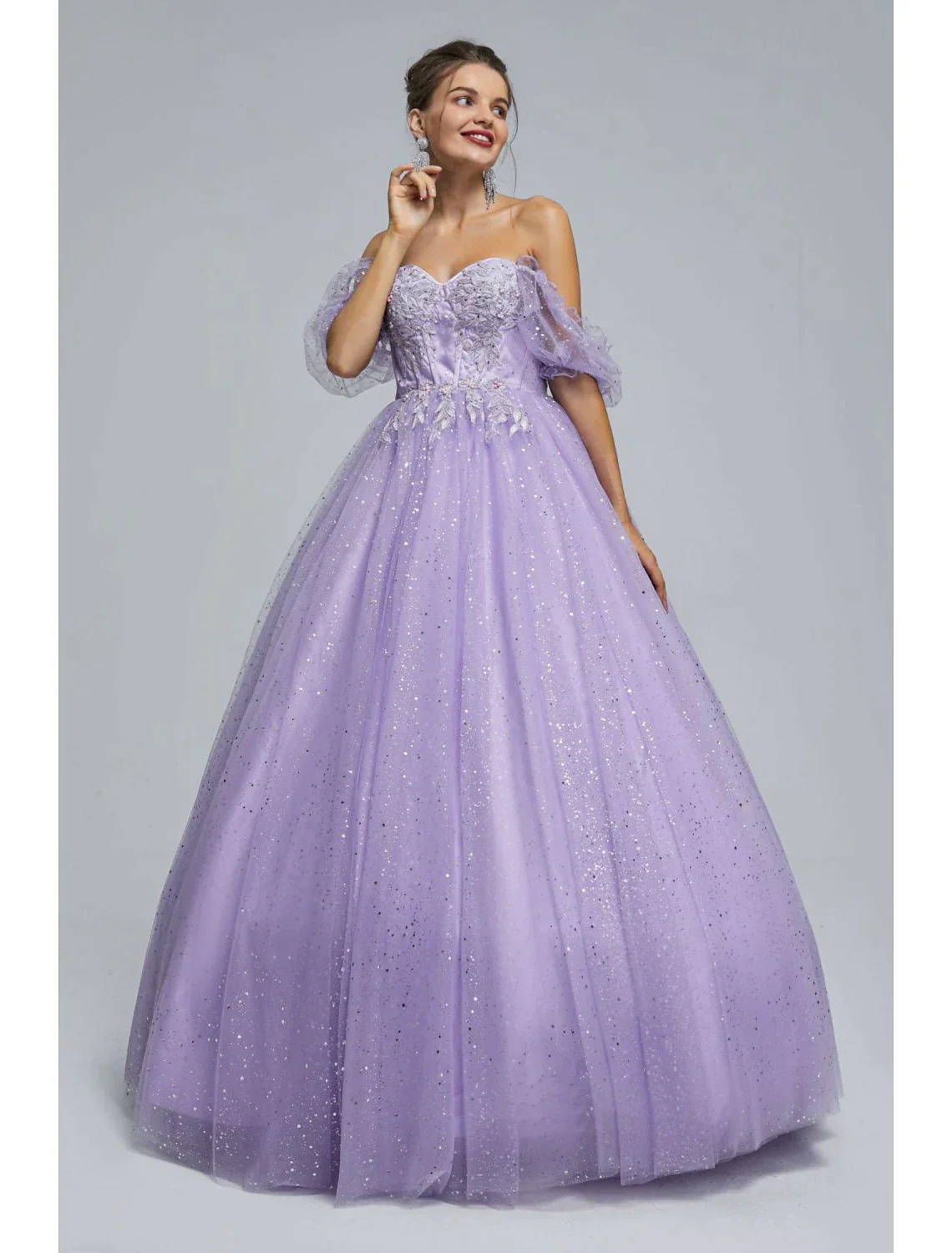 Ball Gown Prom Dresses Princess Dress Graduation Floor Length Short Sleeve Tulle with Sequin Appliques - TREBLEV