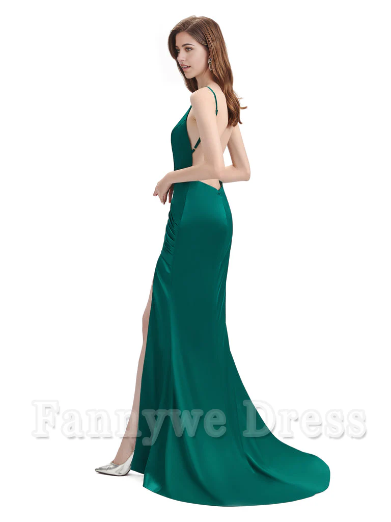 Mermaid Backless Floor-Length Satin formal dresses evening gown Bridesmaid Dresses With Side Slit - TREBLEV