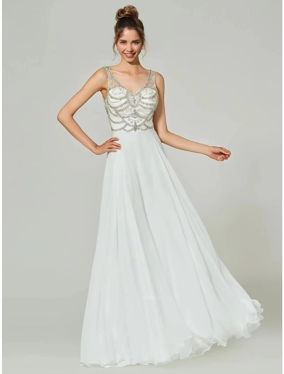A-Line Evening Gown Open Back Dress Formal Floor Length Sleeveless V Neck Chiffon with Rhinestone - TREBLEV