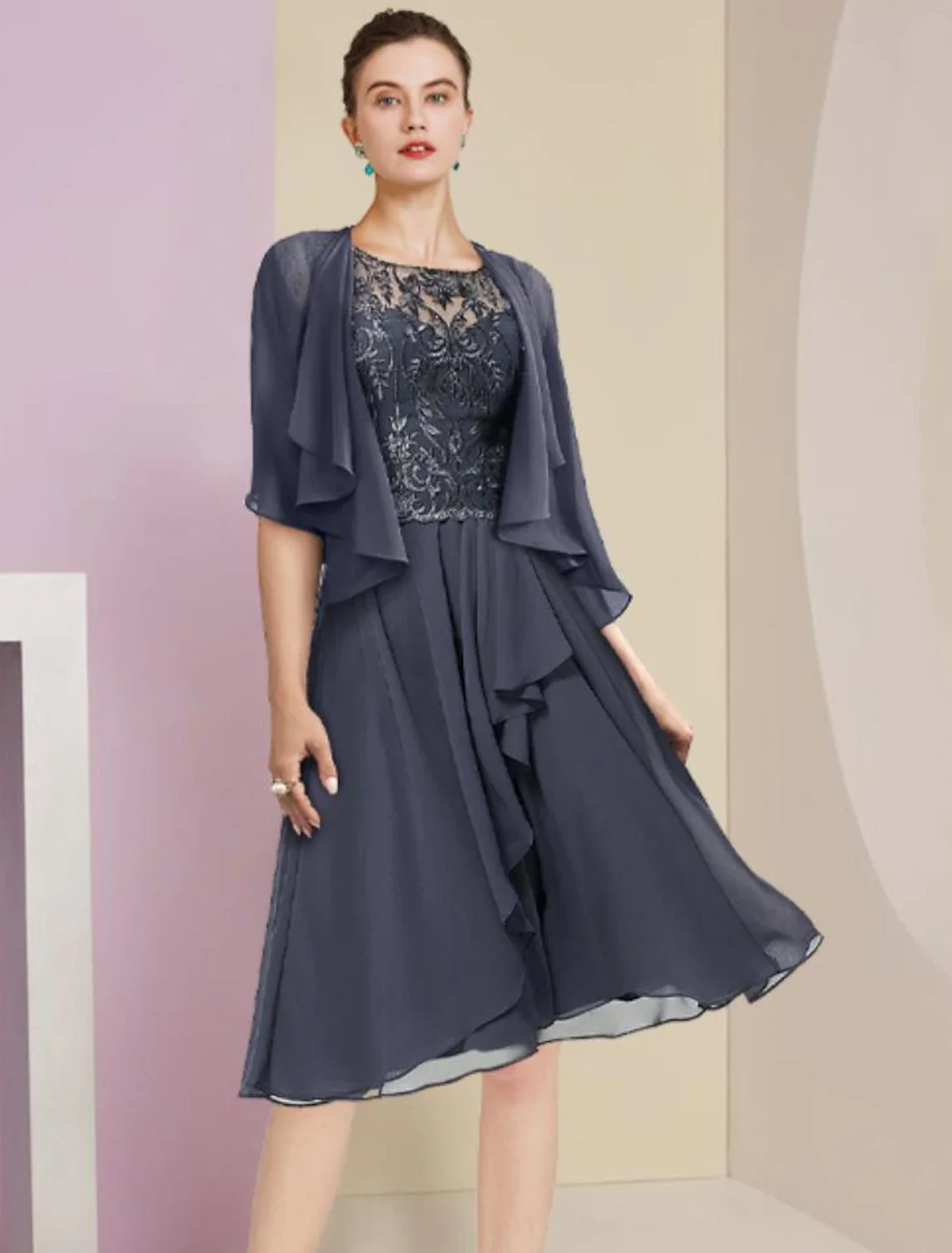 Two Piece A-Line Mother of the Bride Dress Formal Wedding Guest Vintage Elegant Scoop Neck Knee Length Chiffon Lace Short Sleeve Wrap Included with Pleats Appliques - TREBLEV