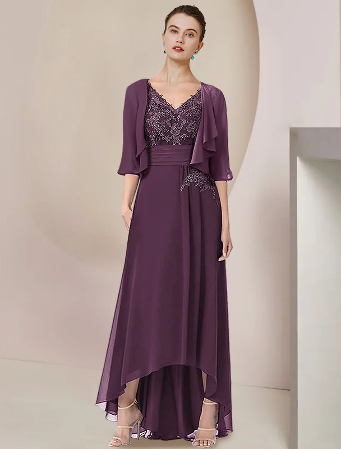 Two Piece A-Line Mother of the Bride Dress Formal Wedding Guest Elegant High Low V Neck Asymmetrical Tea Length Chiffon Lace 3/4 Length Sleeve Wrap Included with Ruched Appliques - TREBLEV