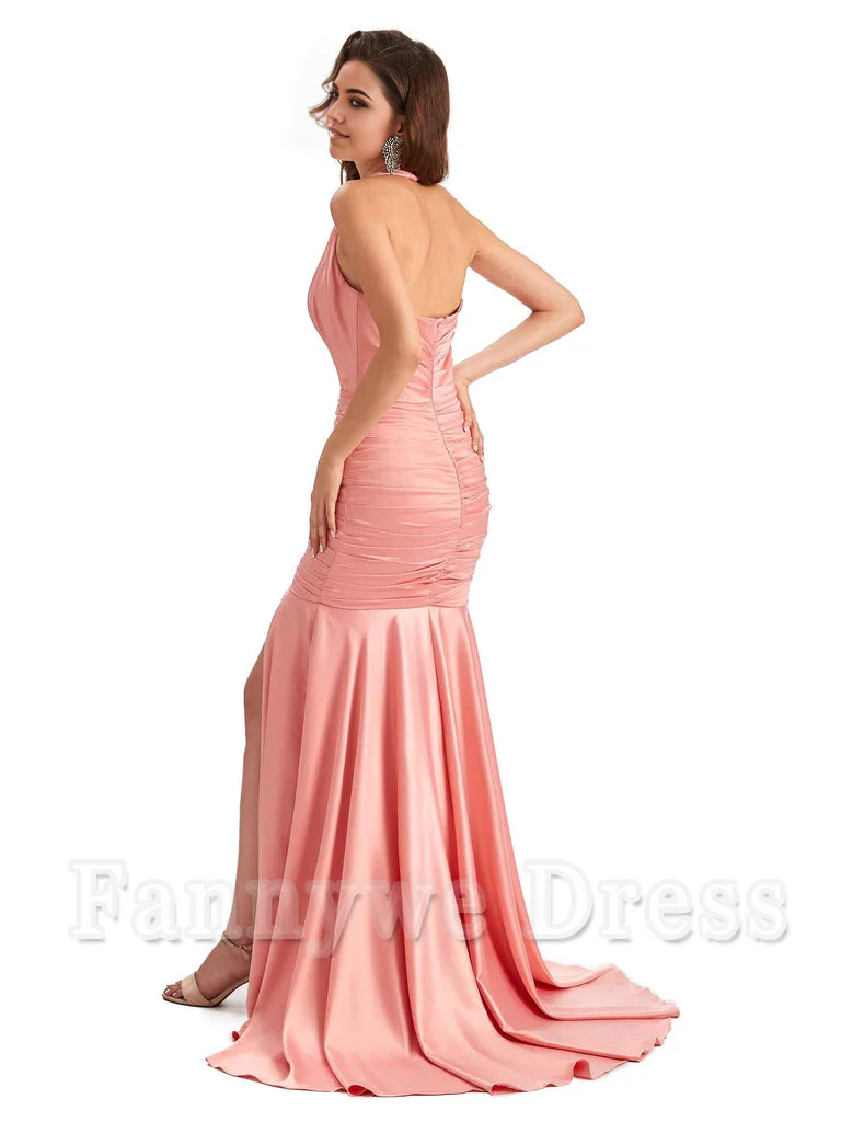 Mermaid Halter V-neck Satin formal dresses evening gown Bridesmaid Dresses With Side Slit - TREBLEV