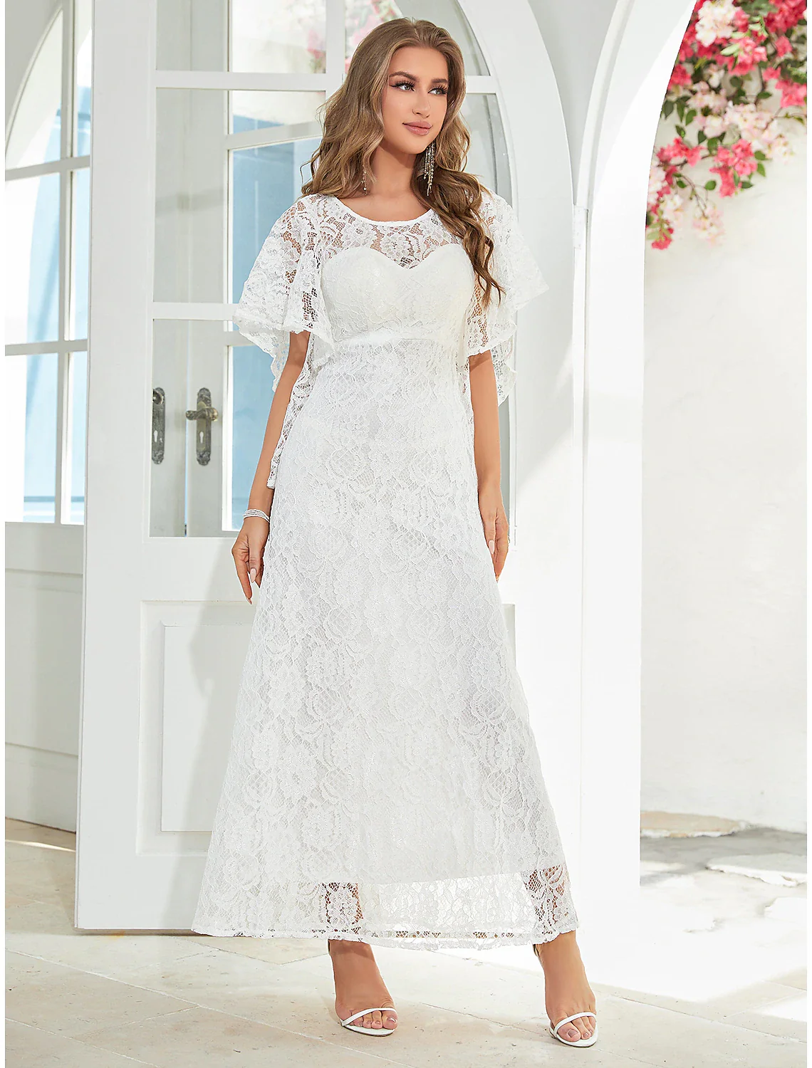 A-Line Wedding Guest Dresses Elegant Dress Party Wear Ankle Length Half Sleeve Jewel Neck Lace with Ruffles Appliques - TREBLEV