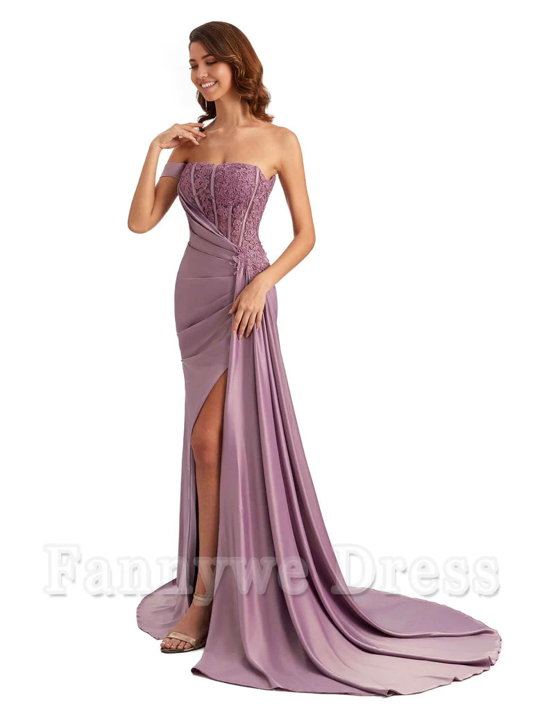Mermaid Off Shoulder Applique formal dresses evening gown Bridesmaid Dresses With Side Slit - TREBLEV