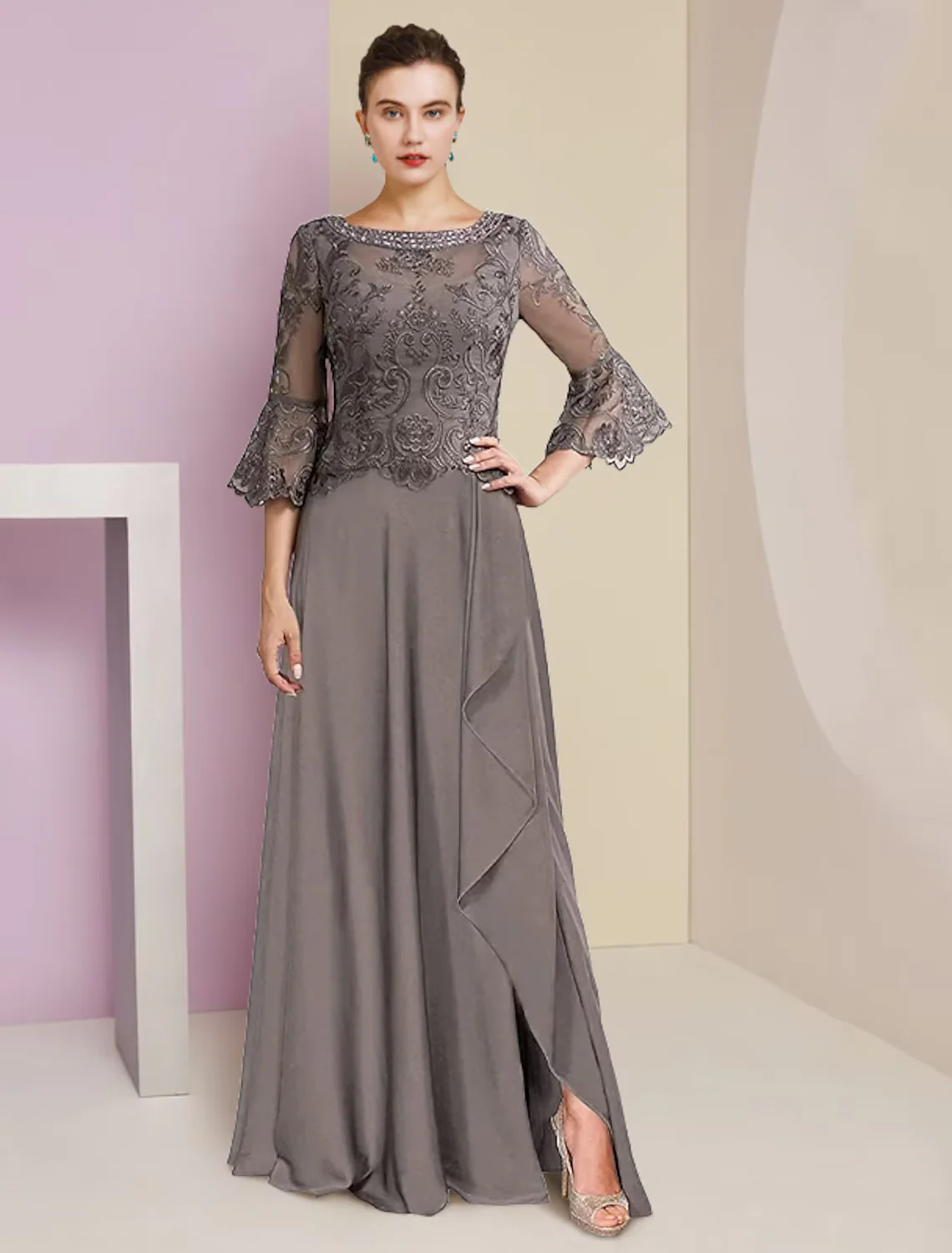 A-Line Mother of the Bride Dress Formal Elegant V Neck Lace Stretch Chiffon Length Sleeve with Beading Appliques - TREBLEV