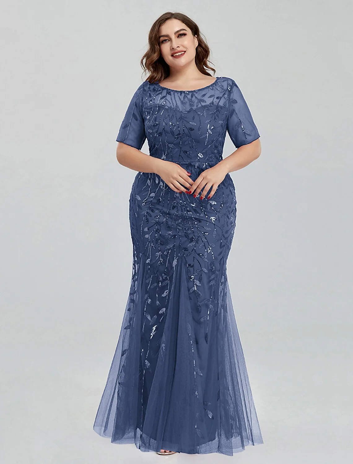 Mermaid / Trumpet Evening Gown Empire Dress Homecoming Floor Length Short Sleeve Jewel Neck Tulle with Embroidery - TREBLEV