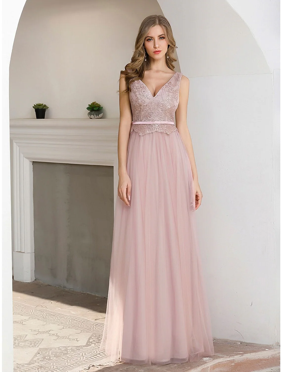 A-Line Evening Gown Elegant Dress Wedding Guest Floor Length Sleeveless V Neck Satin V Back with Sash Ribbon Sequin - TREBLEV